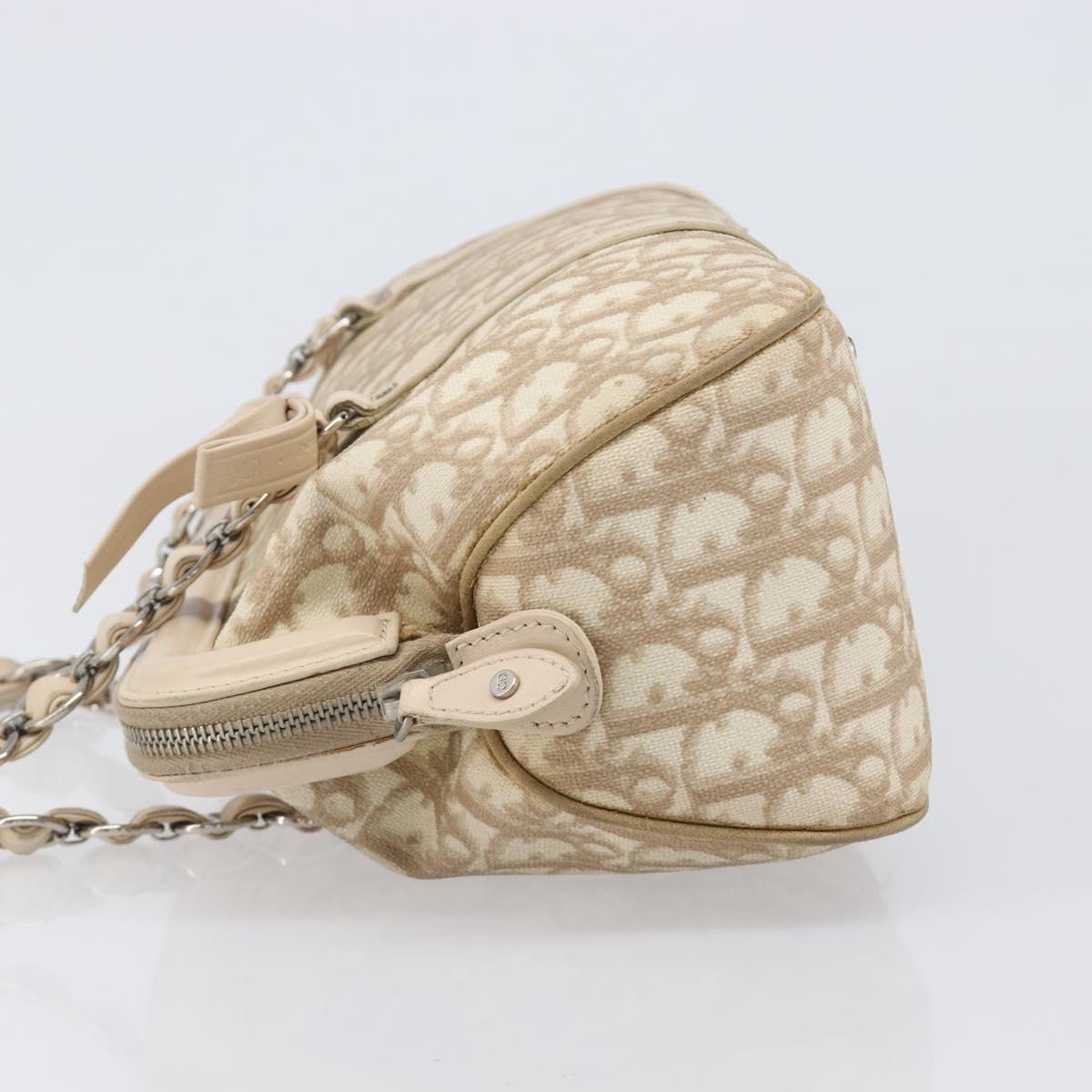 Christian Dior Trotter Canvas Romantic Hand Bag PVC Beige Silver Auth 202956