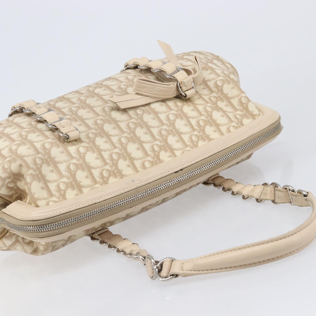 Christian Dior Trotter Canvas Romantic Hand Bag PVC Beige Silver Auth 202956