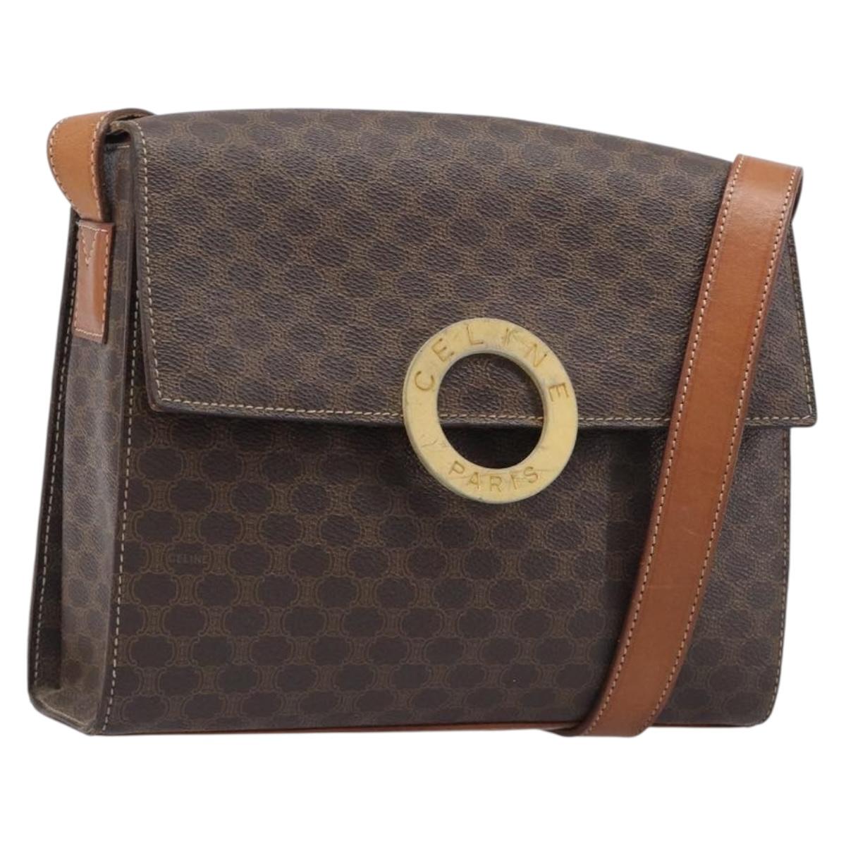 CELINE Macadam Canvas Circle Shoulder Bag PVC Leather Brown Gold Auth 202958