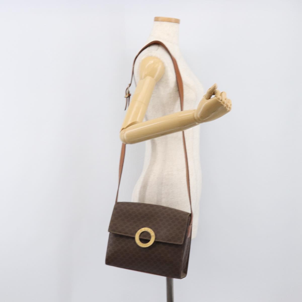 CELINE Macadam Canvas Circle Shoulder Bag PVC Leather Brown Gold Auth 202958