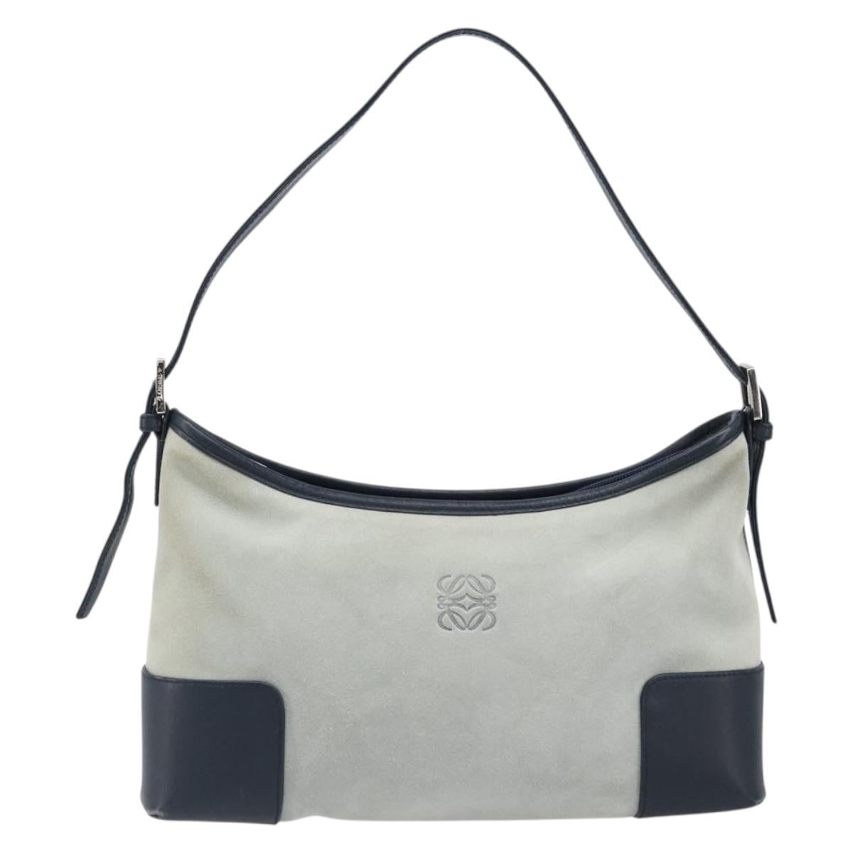 LOEWE Shoulder Bag Suede Light Blue Silver Auth 202960A