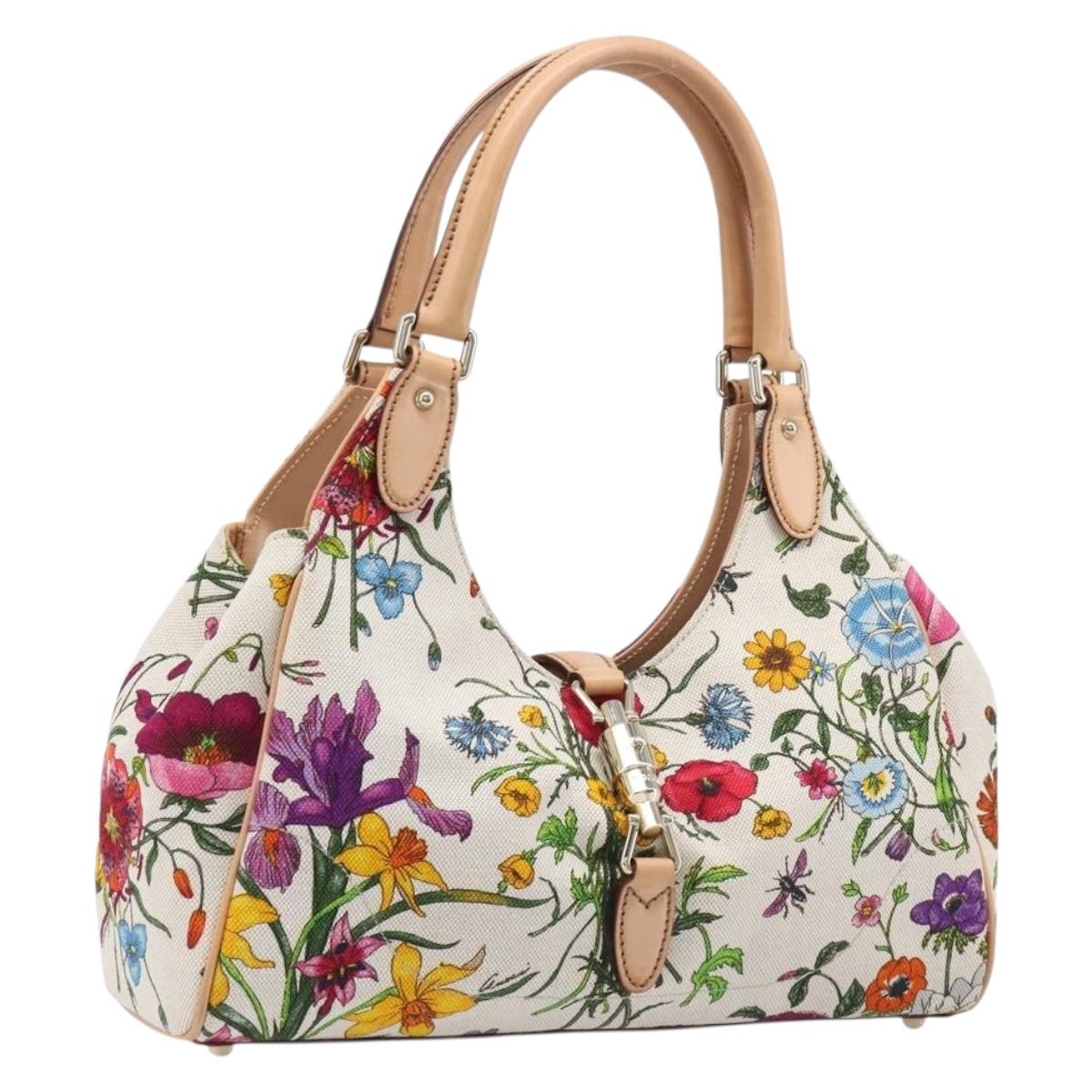 GUCCI New Jackie Flora Shoulder Bag Canvas Multicolor Gold 145819 Auth 202962V