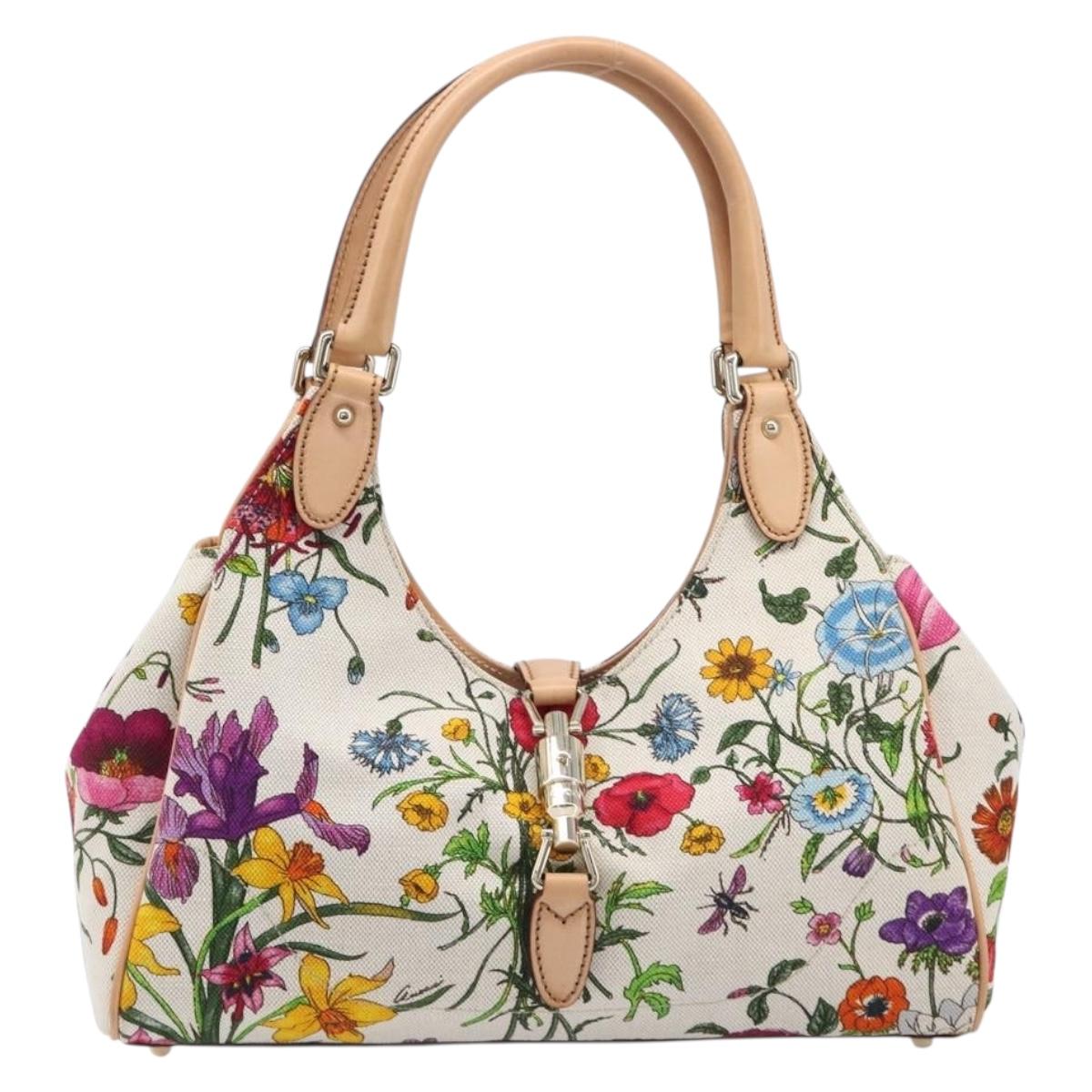 GUCCI New Jackie Flora Shoulder Bag Canvas Multicolor Gold 145819 Auth 202962V
