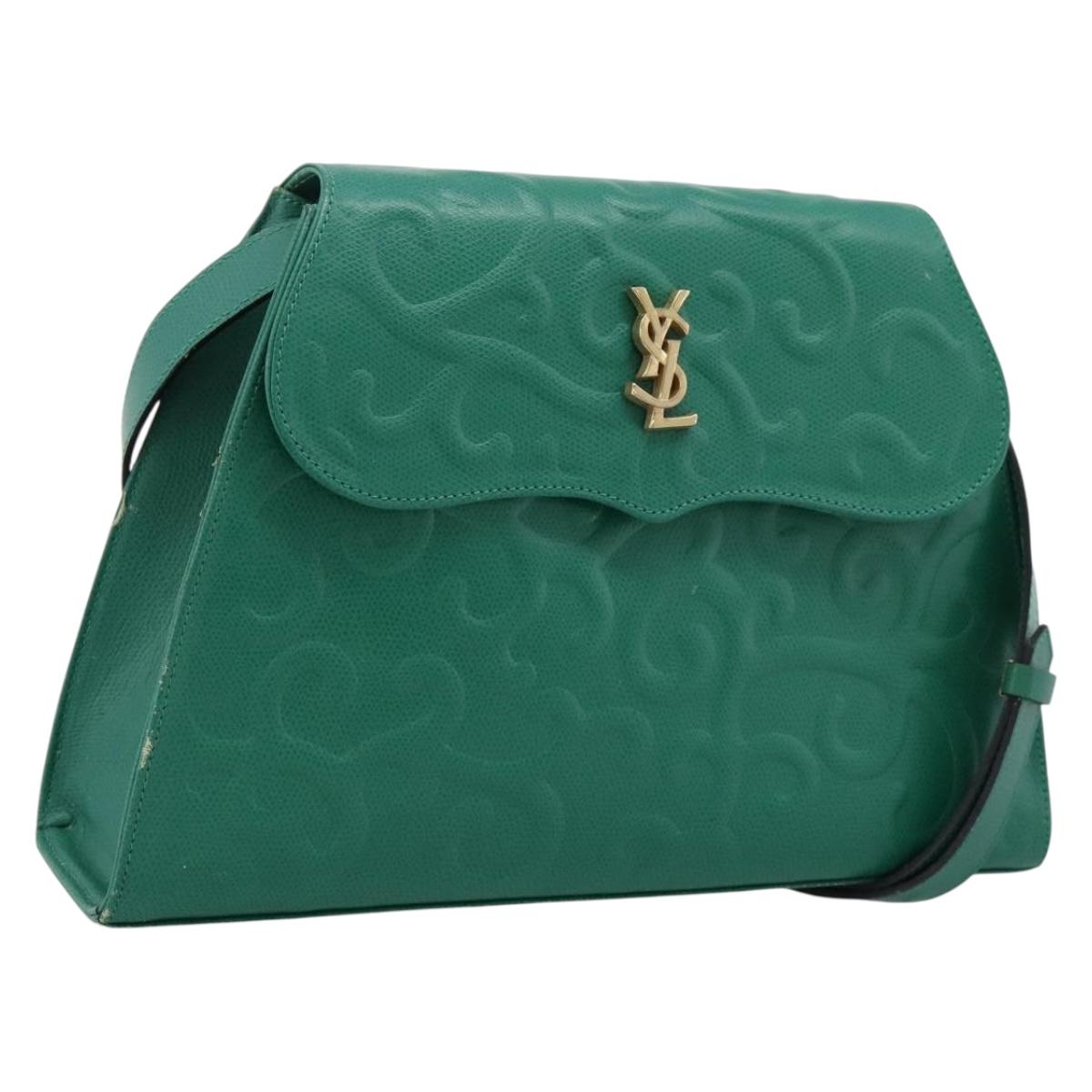SAINT LAURENT Shoulder Bag Leather Green Gold Tone Auth 202964