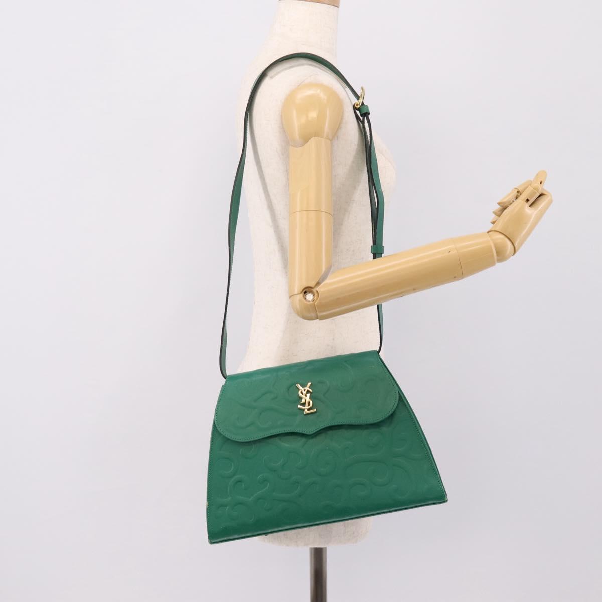SAINT LAURENT Shoulder Bag Leather Green Gold Tone Auth 202964