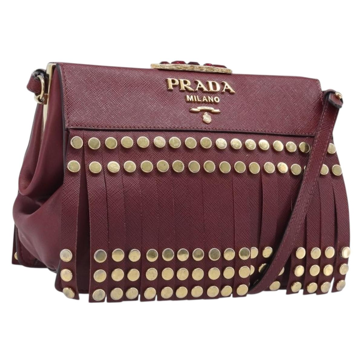 PRADA Shoulder Bag Safiano Leather Bordeaux Gold Auth 202965V