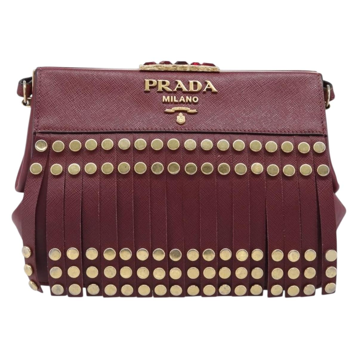 PRADA Shoulder Bag Safiano Leather Bordeaux Gold Auth 202965V