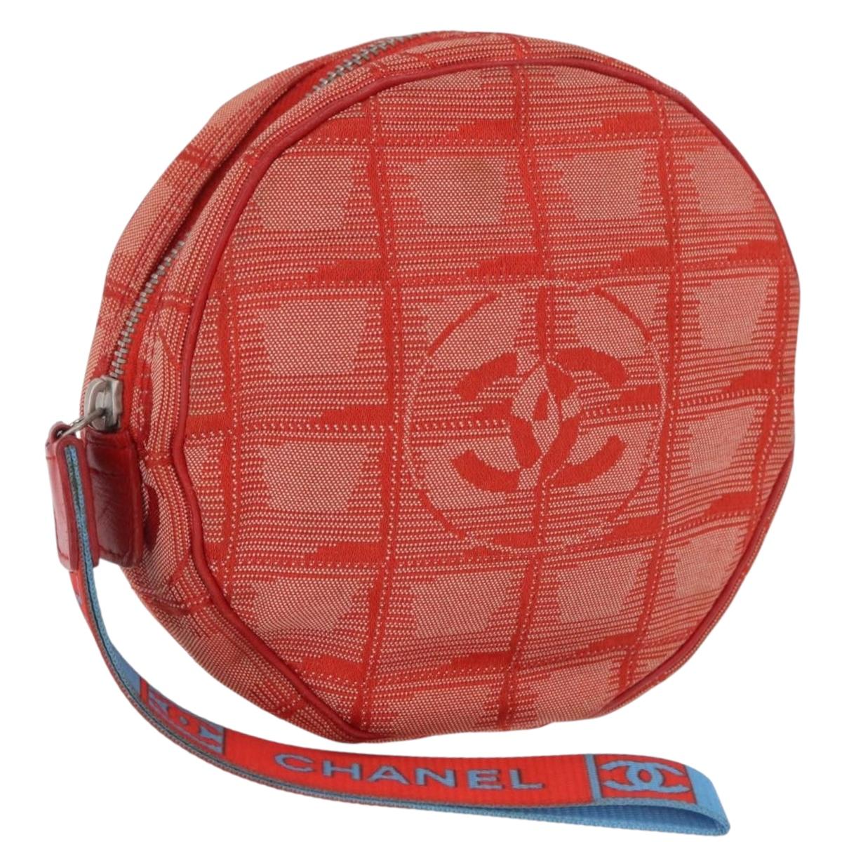 CHANEL New Travel Line Pouch Canvas Red Silver CC Auth 202970