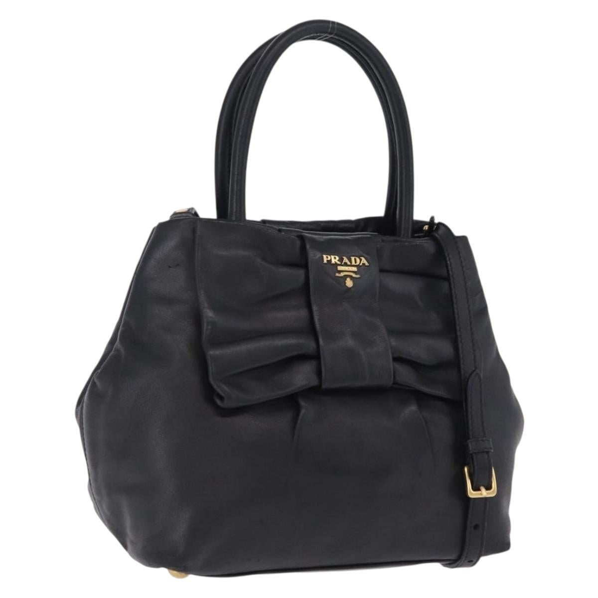 PRADA Ribbon Hand Bag Leather Black Gold Auth 202973V