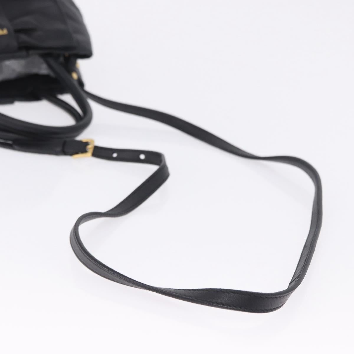 PRADA Ribbon Hand Bag Leather Black Gold Auth 202973V