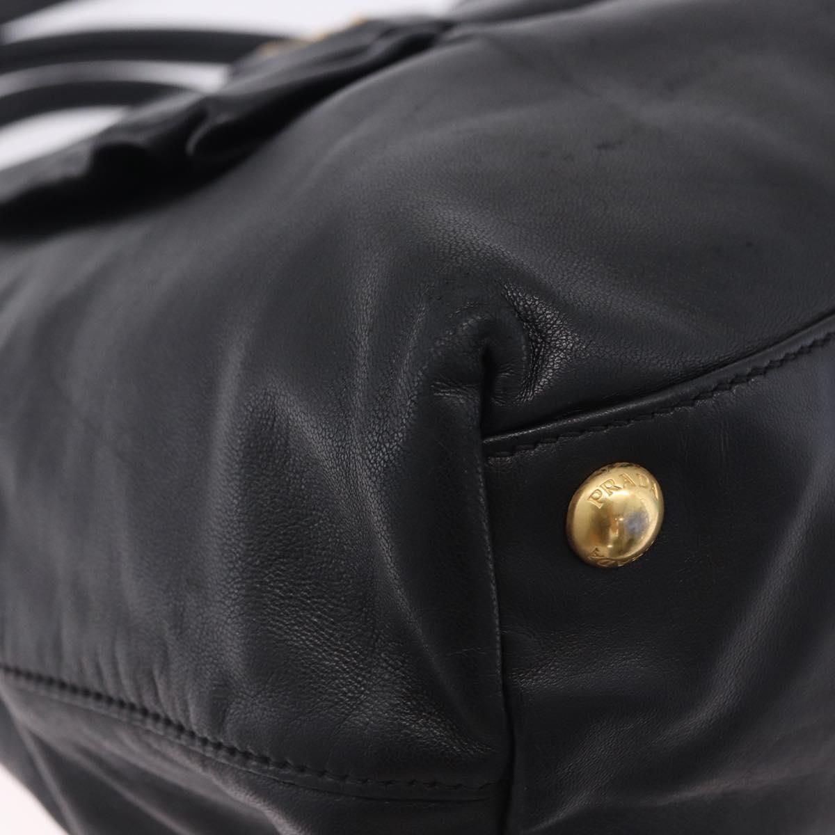 PRADA Ribbon Hand Bag Leather Black Gold Auth 202973V