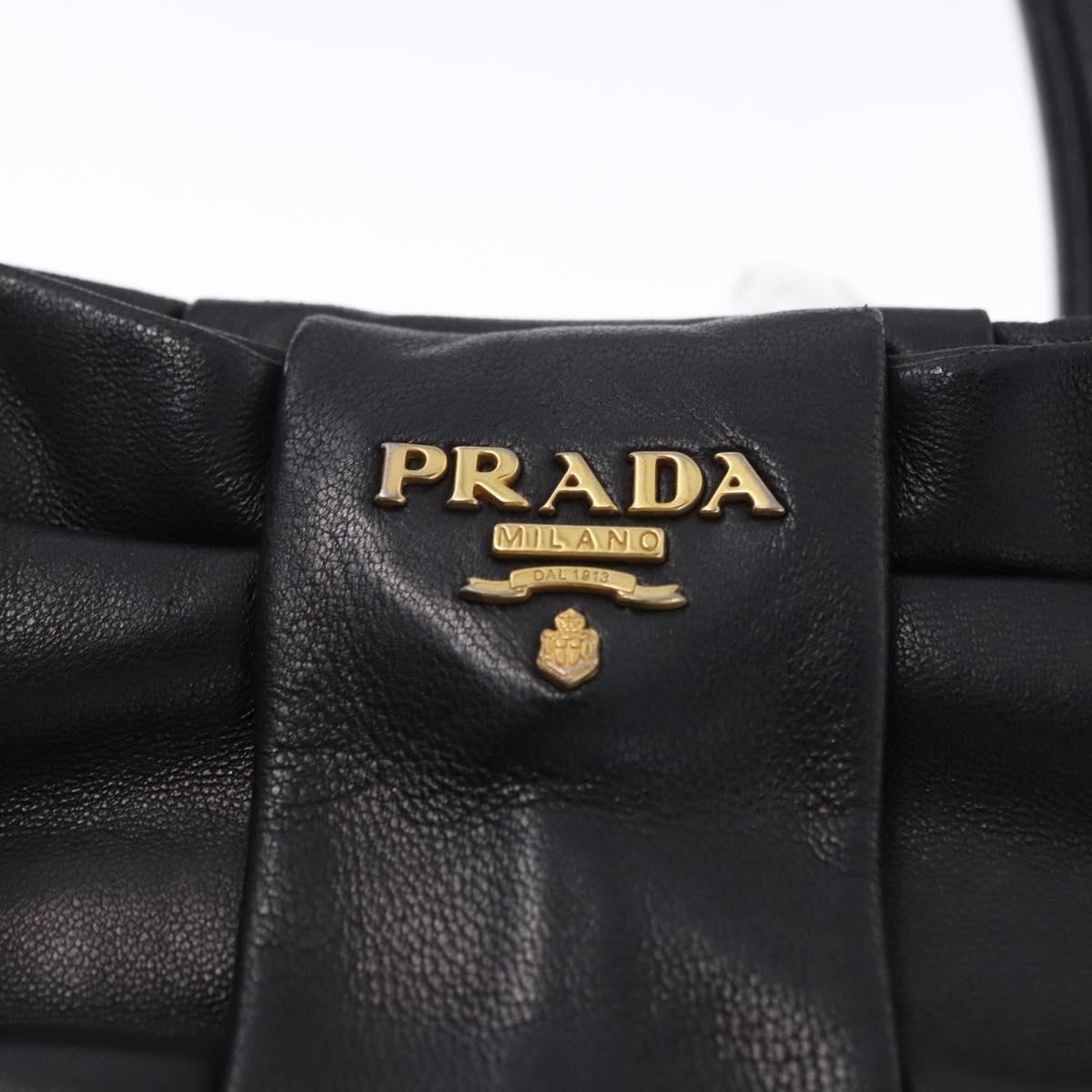 PRADA Ribbon Hand Bag Leather Black Gold Auth 202973V