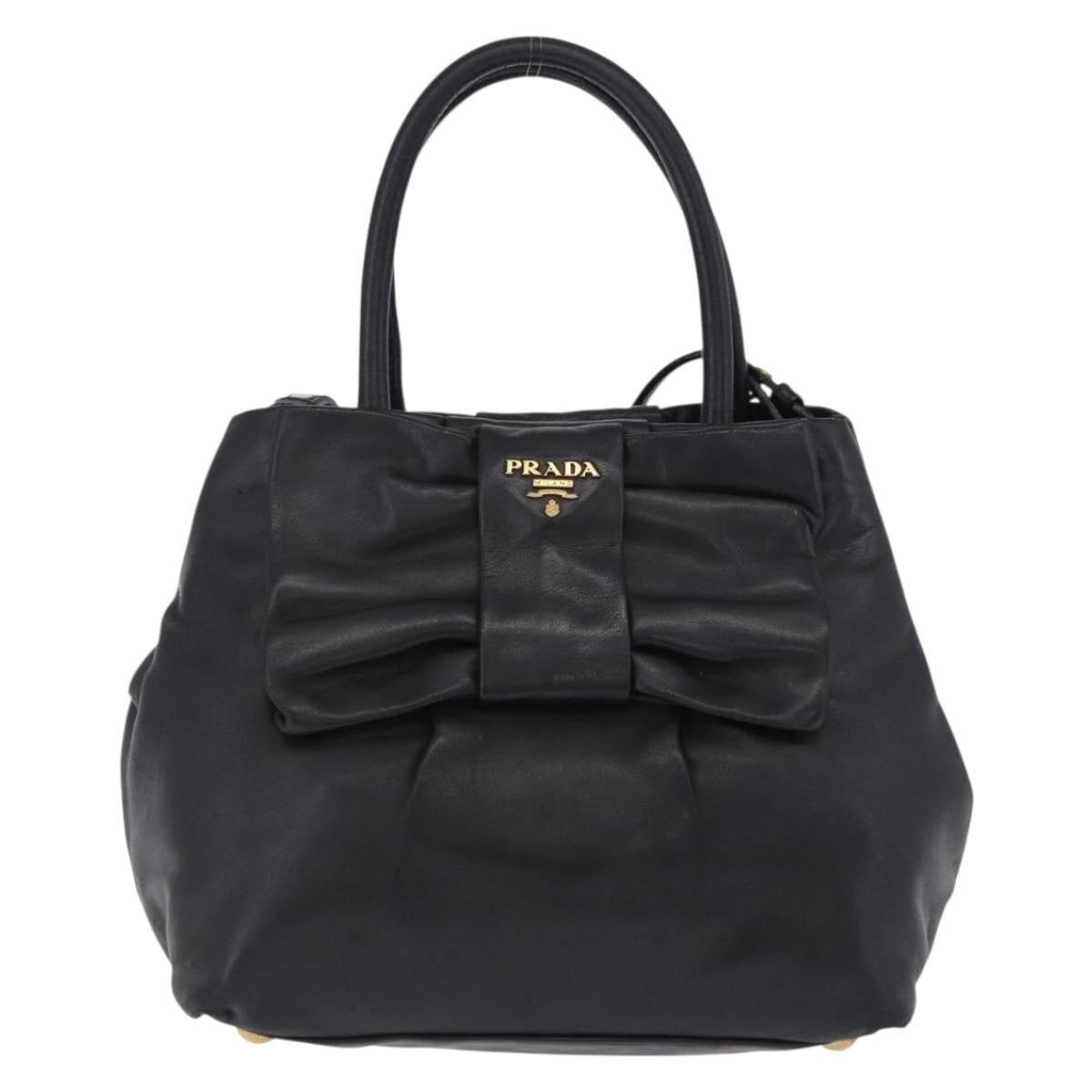 PRADA Ribbon Hand Bag Leather Black Gold Auth 202973V