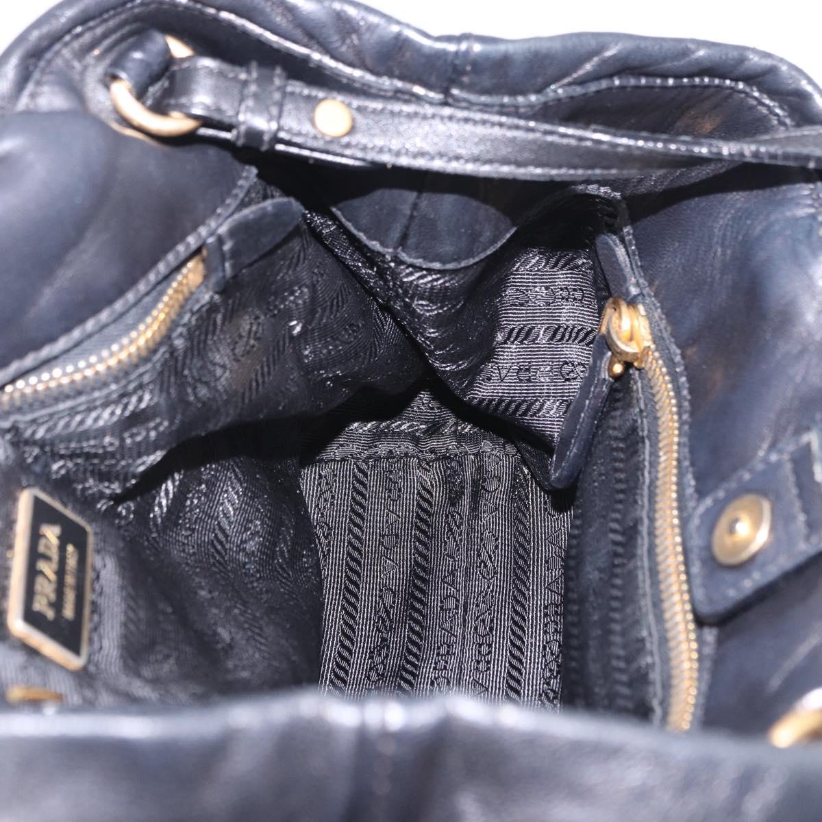 PRADA Ribbon Hand Bag Leather Black Gold Auth 202973V