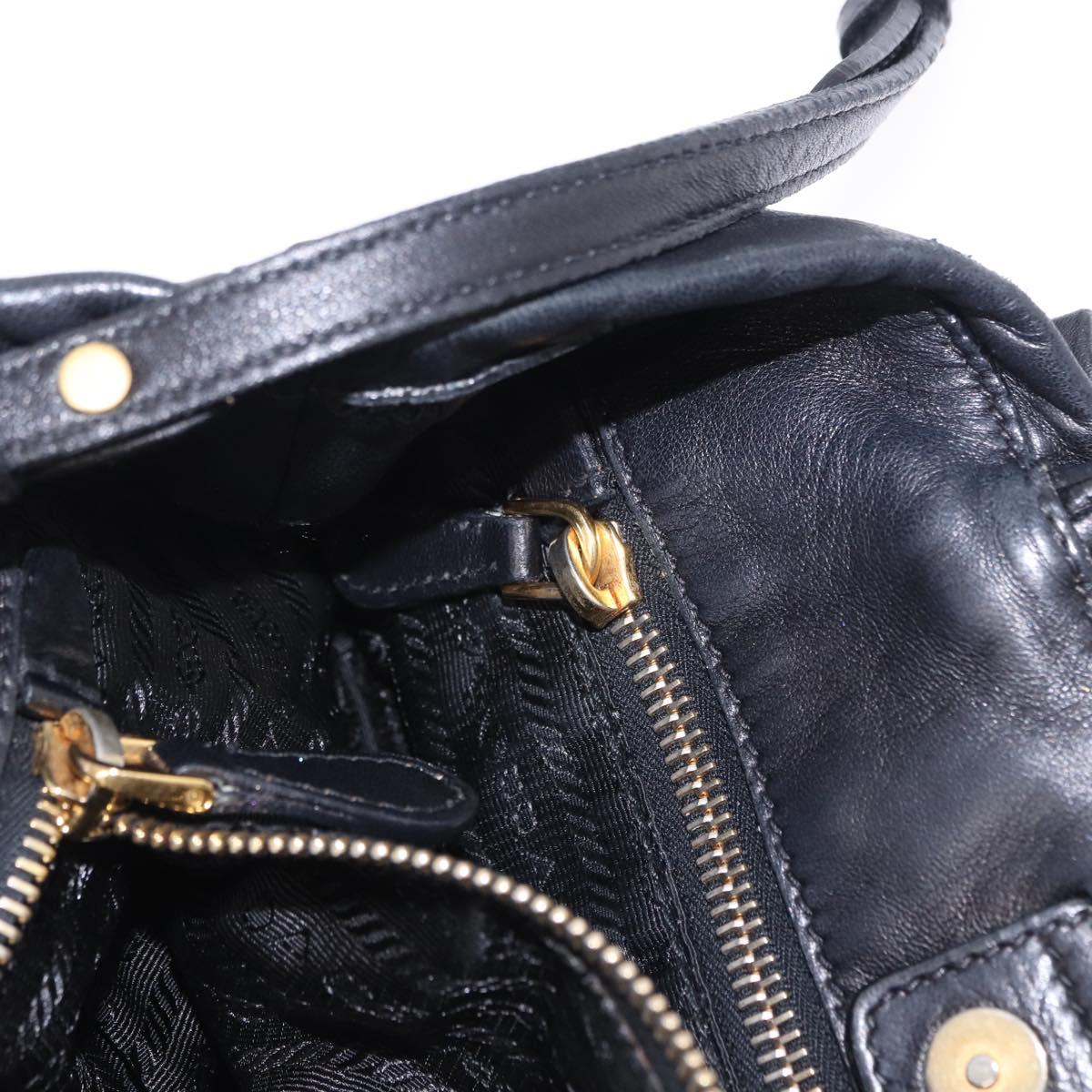 PRADA Ribbon Hand Bag Leather Black Gold Auth 202973V
