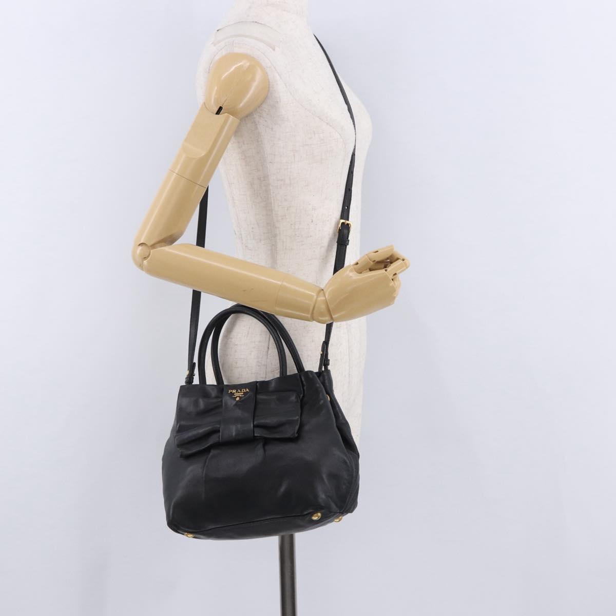 PRADA Ribbon Hand Bag Leather Black Gold Auth 202973V