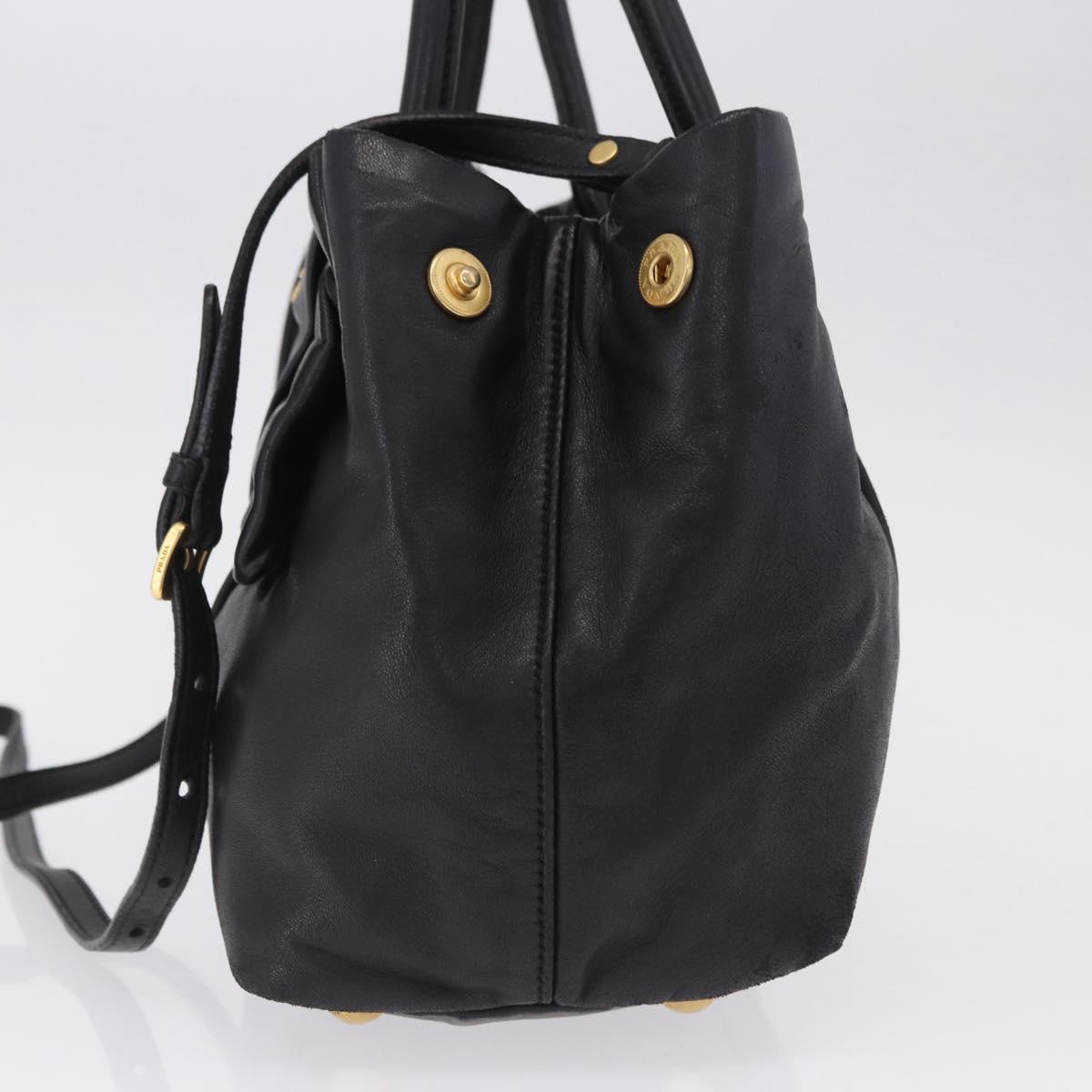 PRADA Ribbon Hand Bag Leather Black Gold Auth 202973V