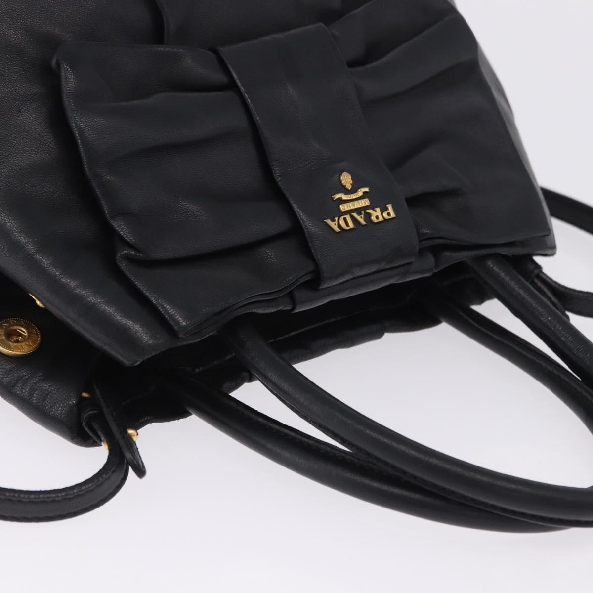 PRADA Ribbon Hand Bag Leather Black Gold Auth 202973V