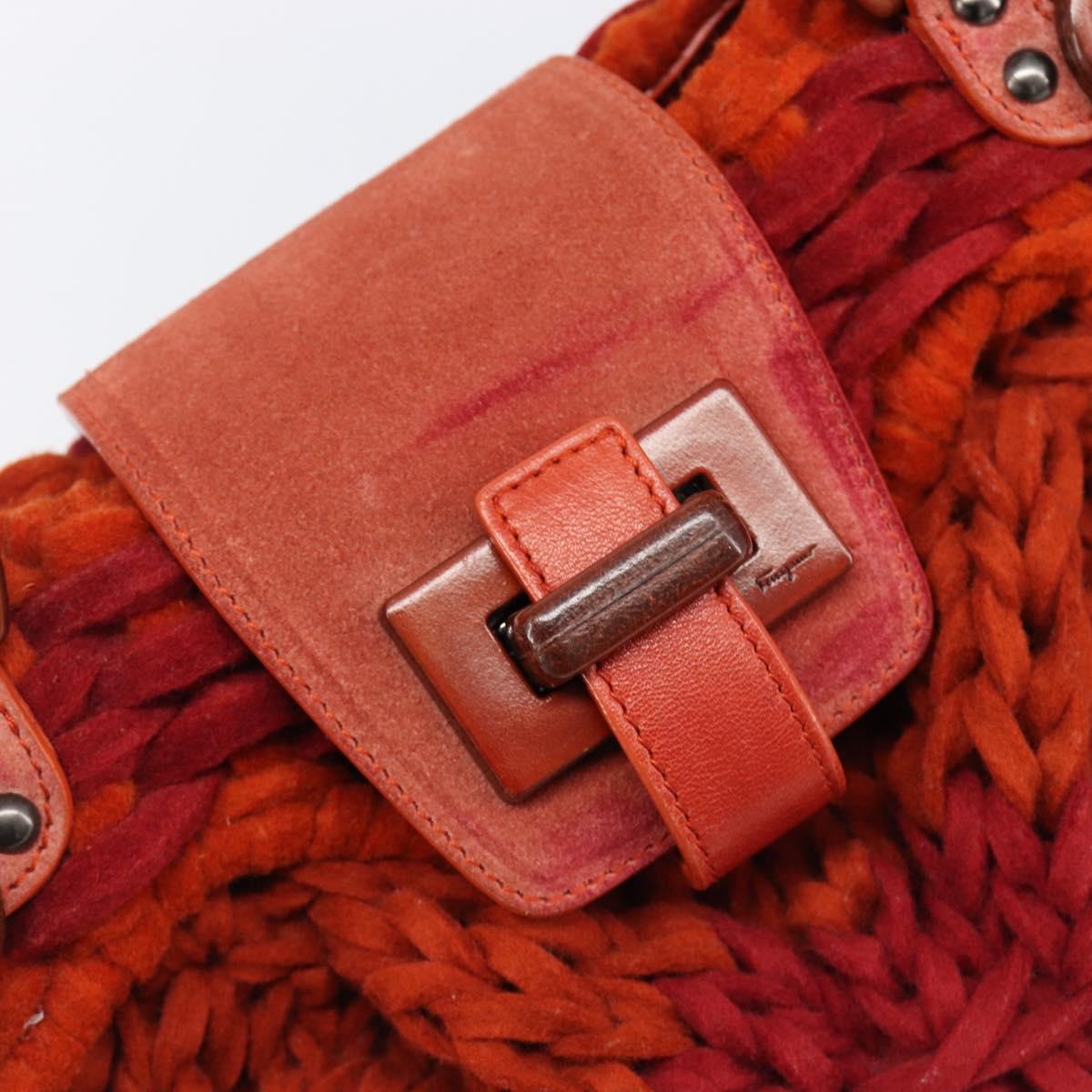Salvatore Ferragamo Gancini Hand Bag Knitted Fabrics Red Silver Auth 202979V