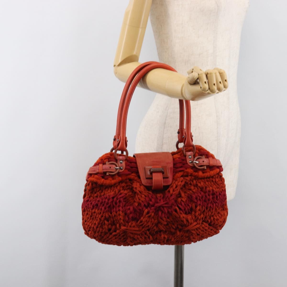 Salvatore Ferragamo Gancini Hand Bag Knitted Fabrics Red Silver Auth 202979V