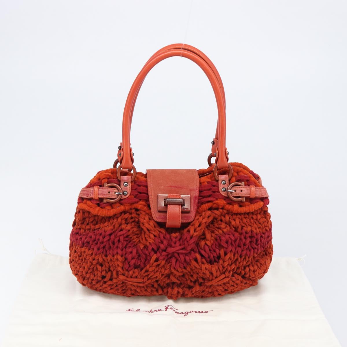 Salvatore Ferragamo Gancini Hand Bag Knitted Fabrics Red Silver Auth 202979V