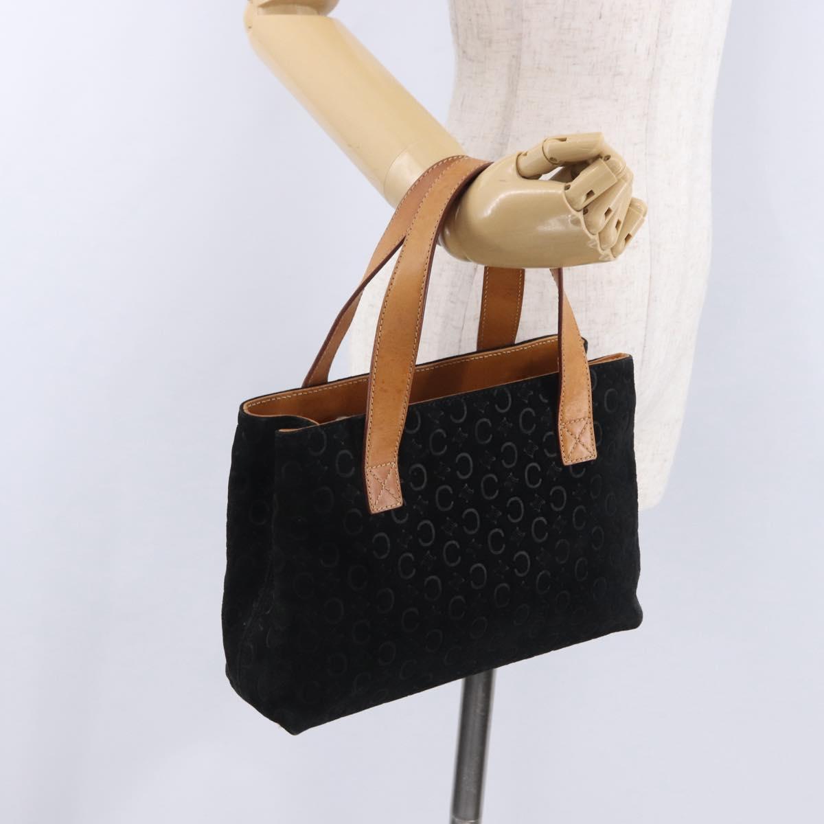 CELINE C Macadam Canvas Hand Bag Suede Black Silver Auth 202985