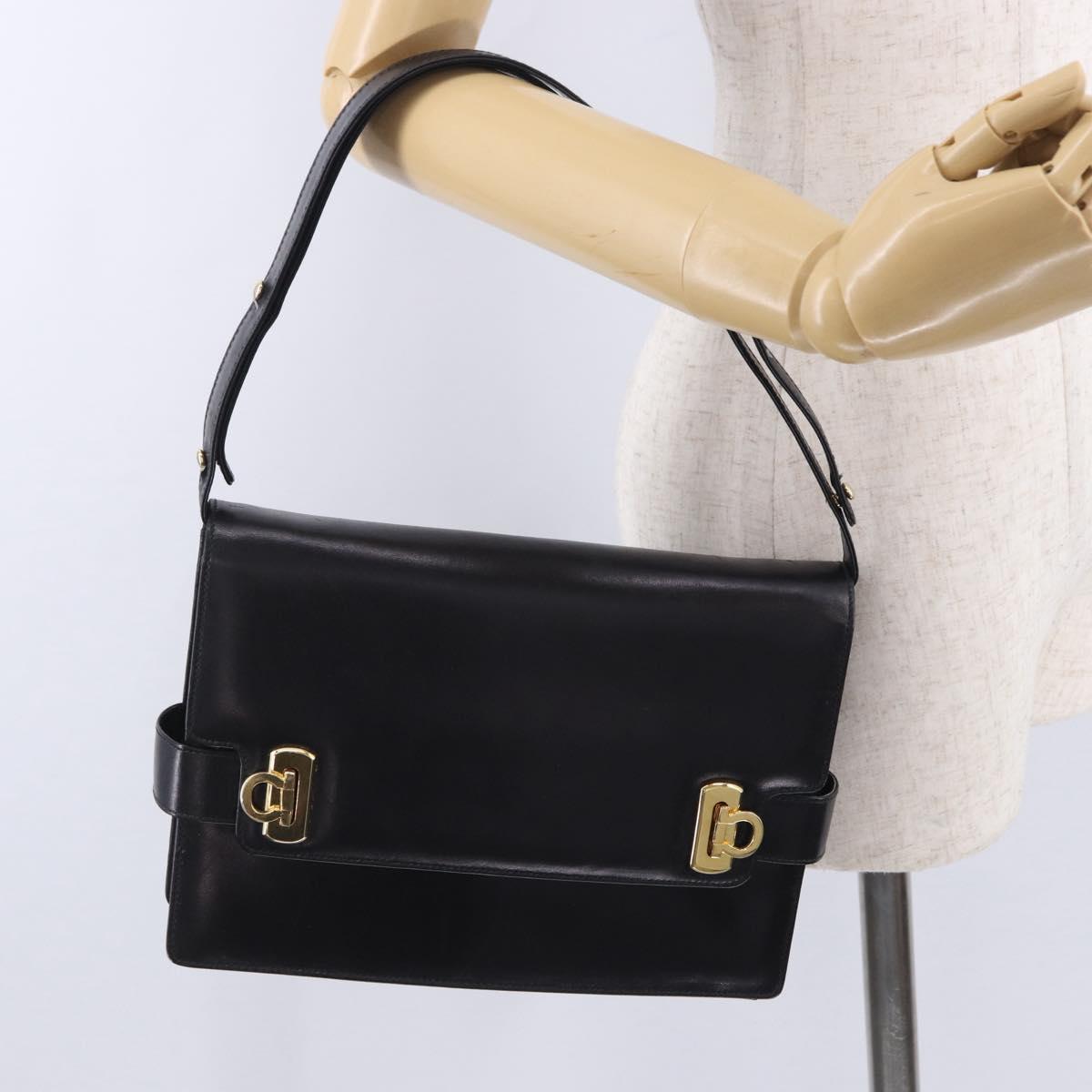 Salvatore Ferragamo Gancini Shoulder Bag Leather Black Gold Auth 202991A