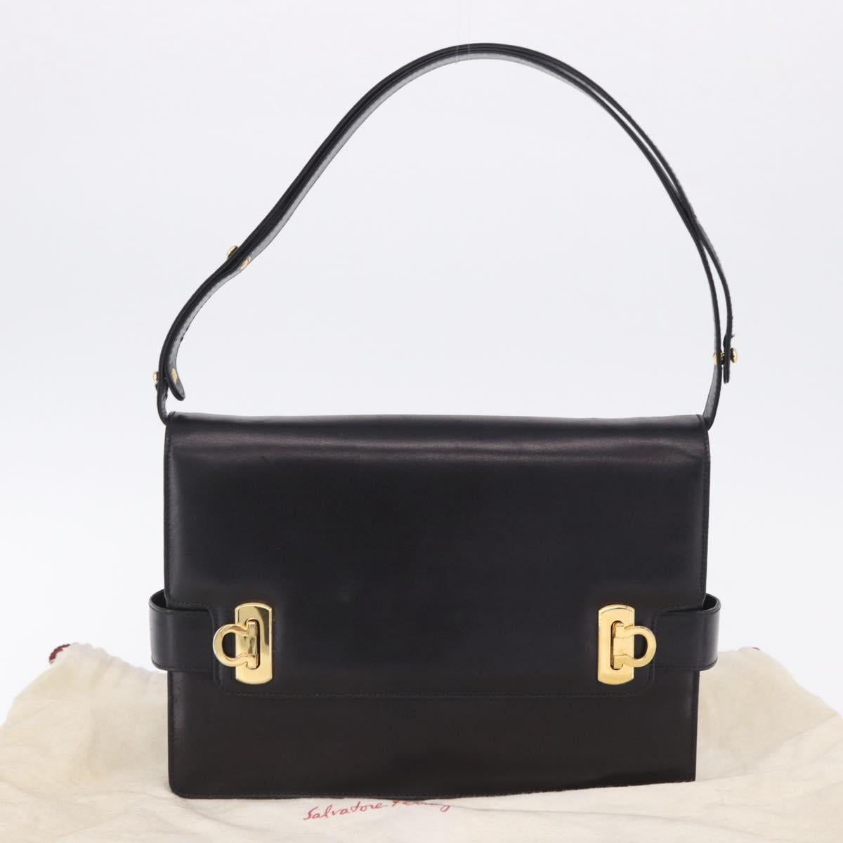 Salvatore Ferragamo Gancini Shoulder Bag Leather Black Gold Auth 202991A