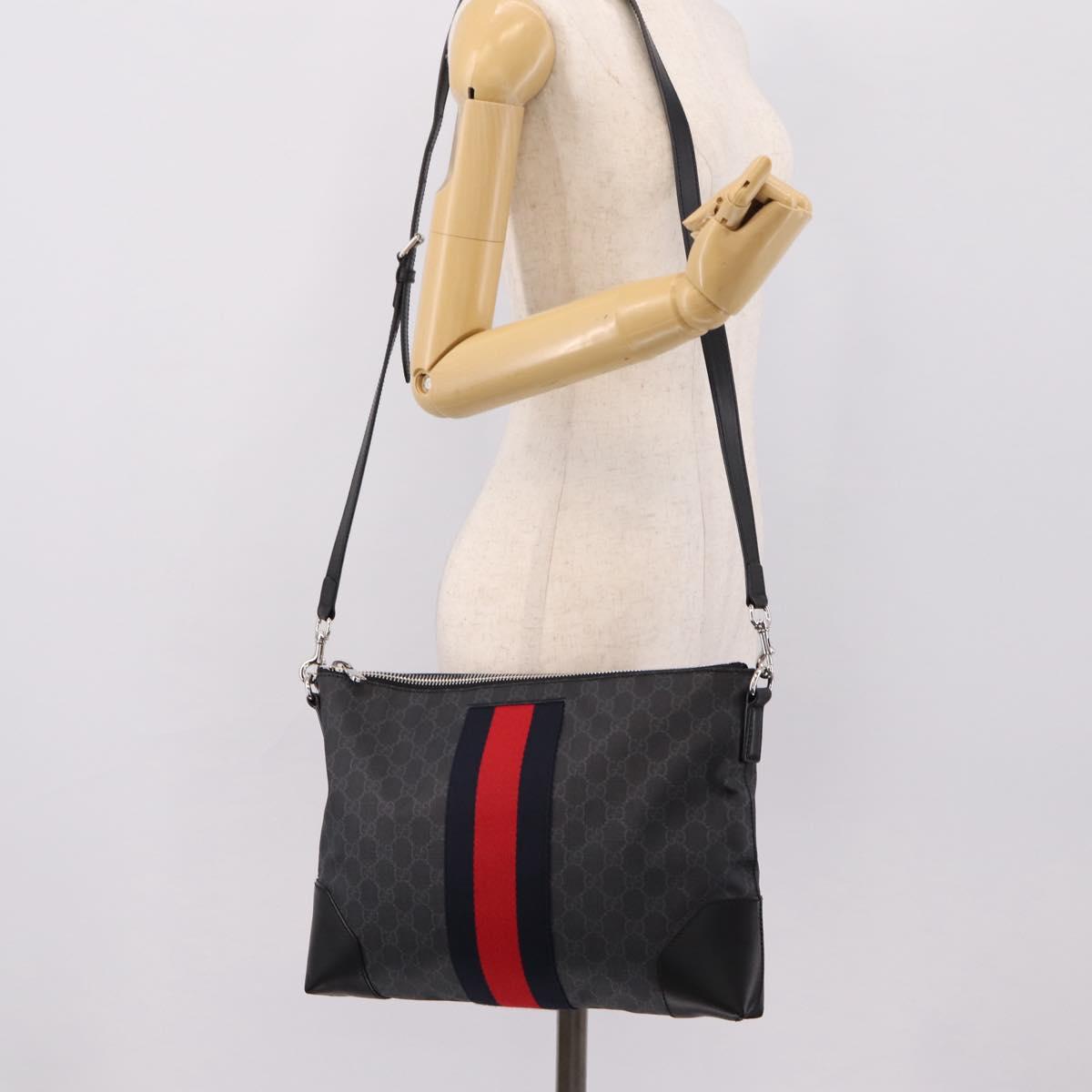 GUCCI GG Supreme Sherry Line Shoulder Bag PVC Black Silver 474139 Auth 202992