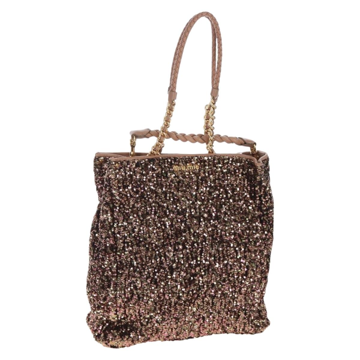 Miu Miu Tote Bag Leather Sequins 2way Beige Gold Auth 202996M