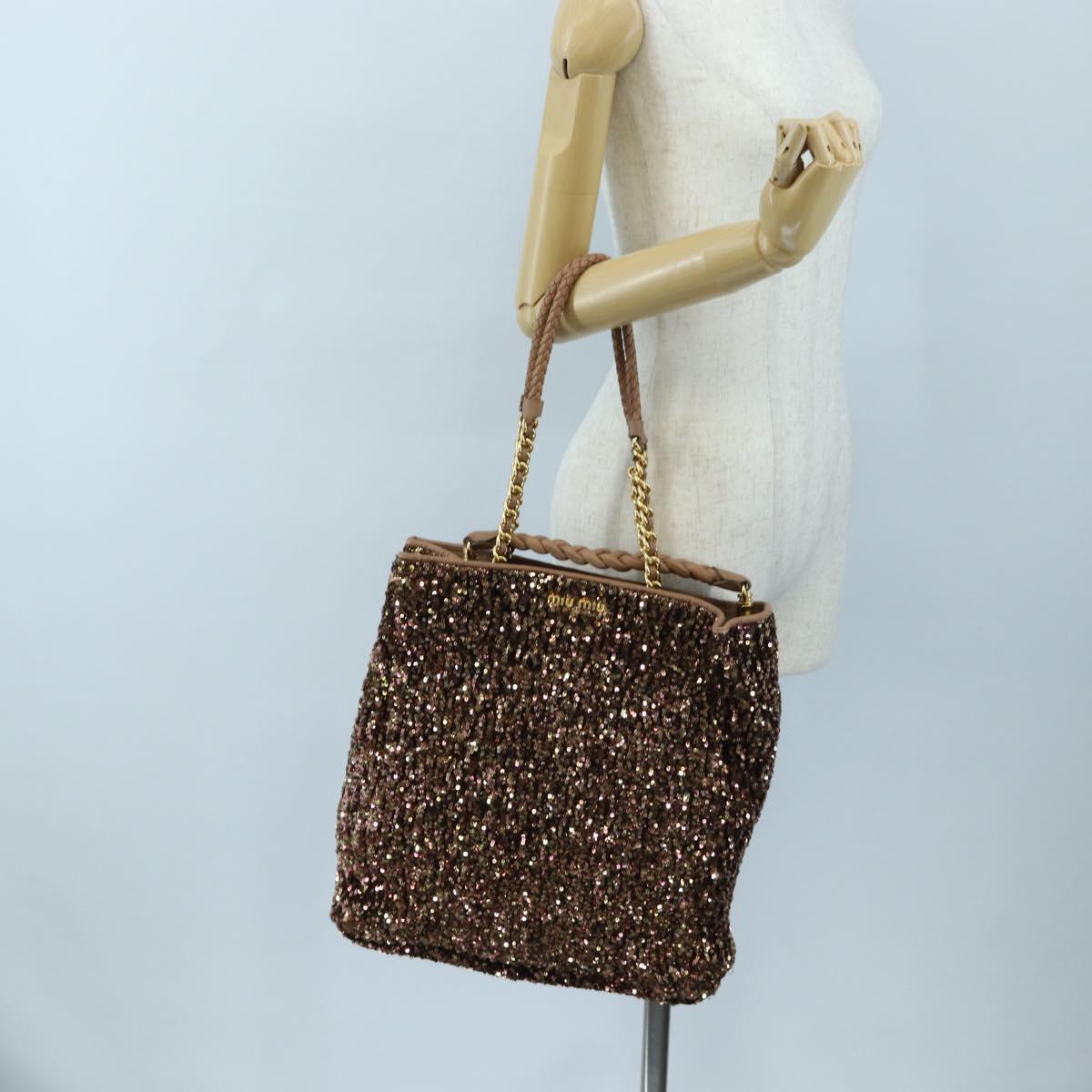 Miu Miu Tote Bag Leather Sequins 2way Beige Gold Auth 202996M