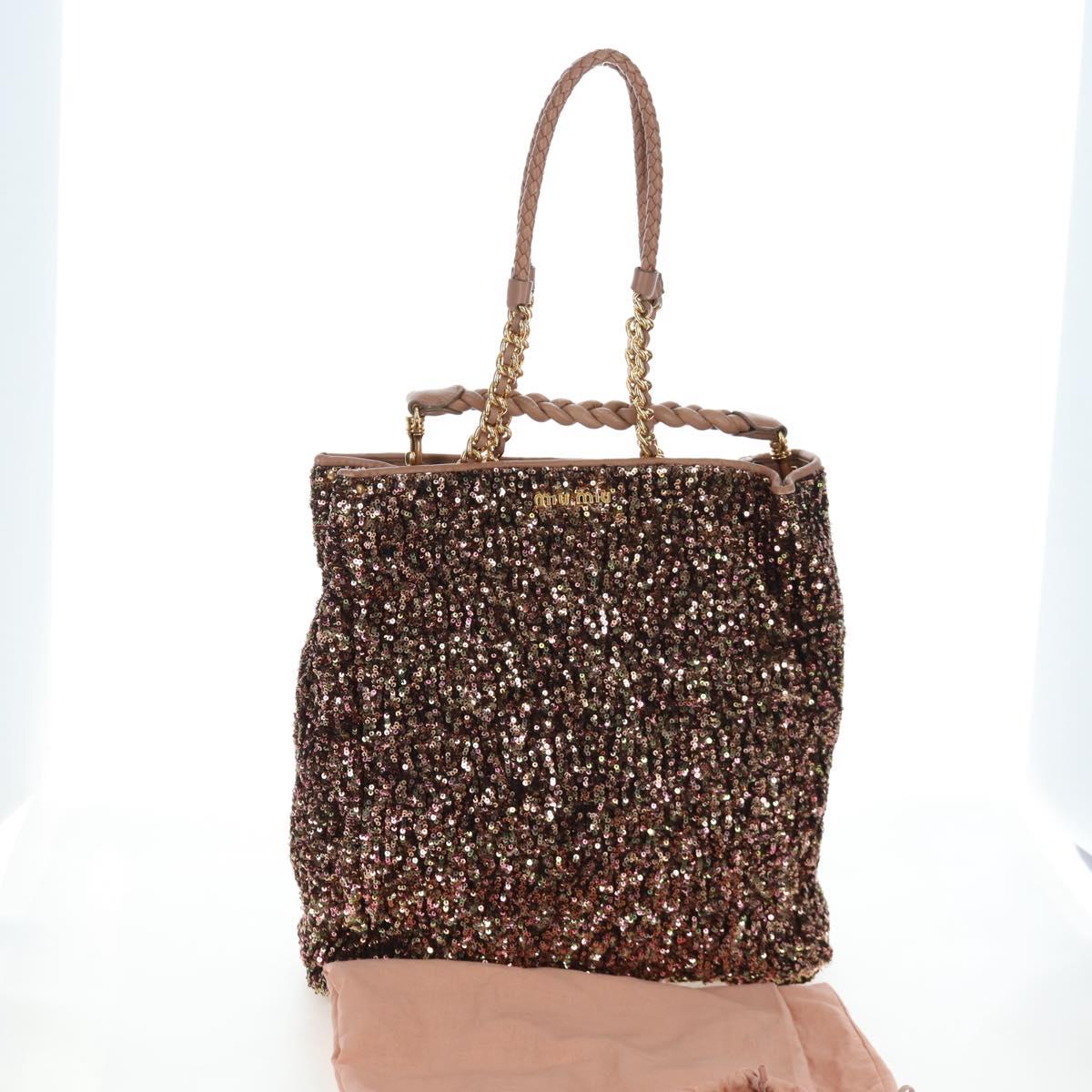 Miu Miu Tote Bag Leather Sequins 2way Beige Gold Auth 202996M