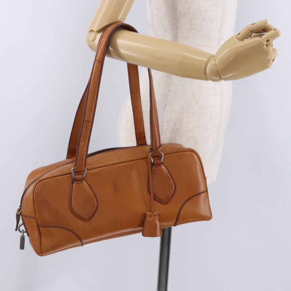 PRADA Shoulder Bag Leather Brown Silver Auth 202998