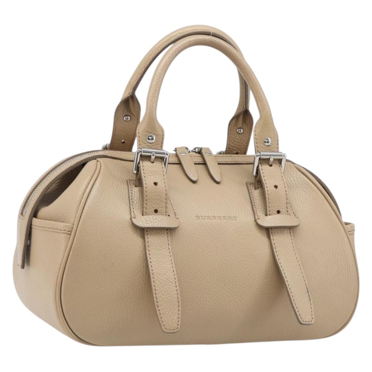 BURBERRY Hand Bag Leather Beige Silver Auth 202999A