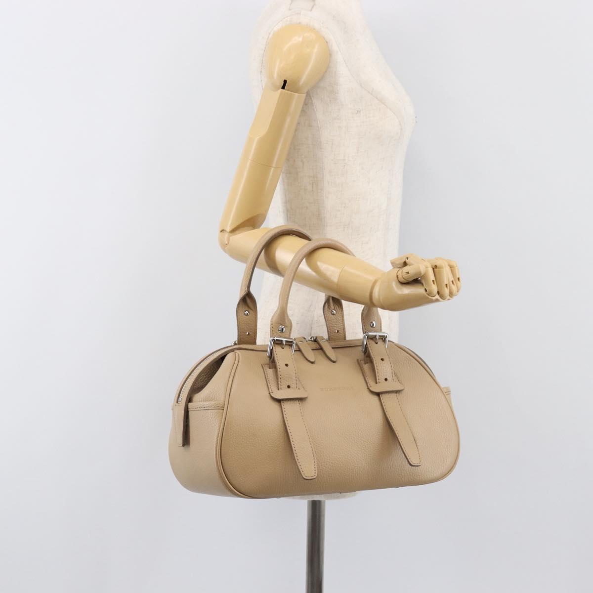 BURBERRY Hand Bag Leather Beige Silver Auth 202999A
