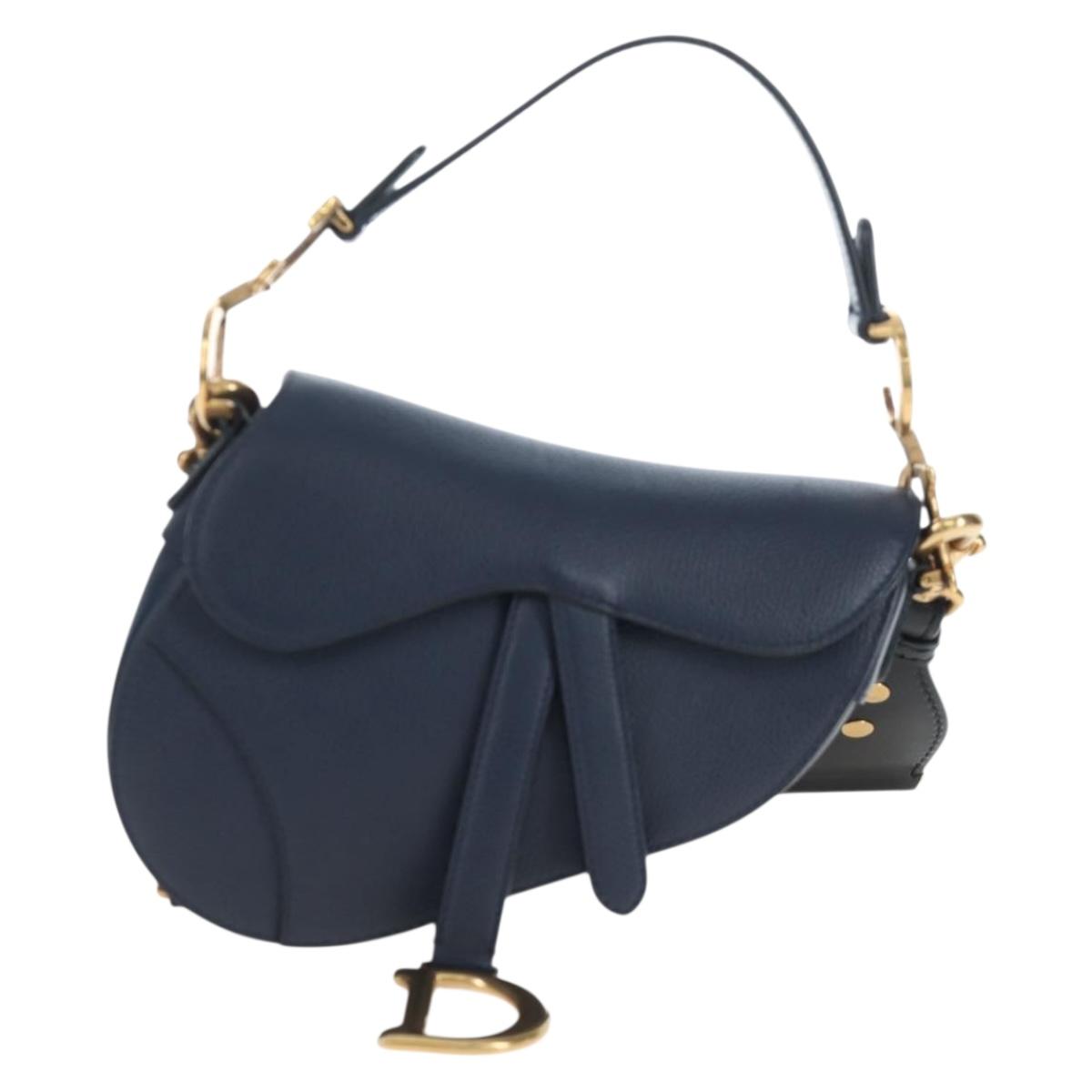 Christian Dior Saddle Shoulder Bag Leather 2way Navy Gold Auth 203000V