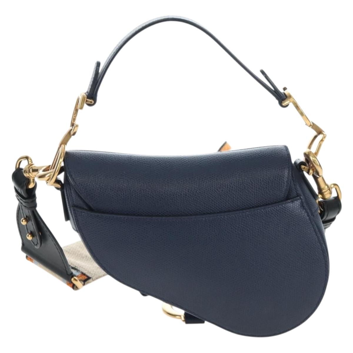 Christian Dior Saddle Shoulder Bag Leather 2way Navy Gold Auth 203000V