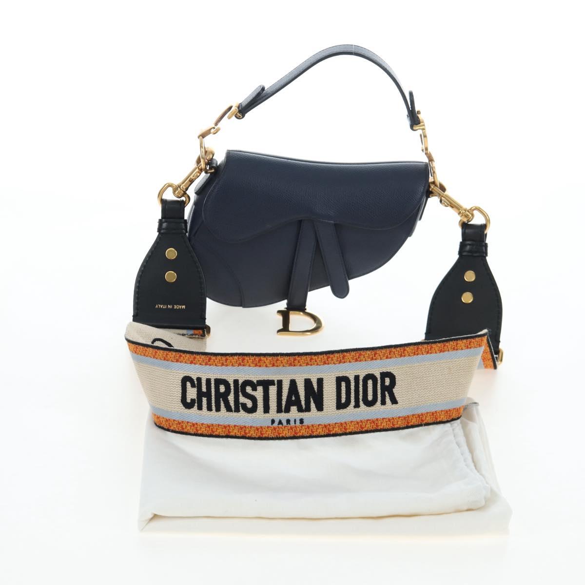 Christian Dior Saddle Shoulder Bag Leather 2way Navy Gold Auth 203000V