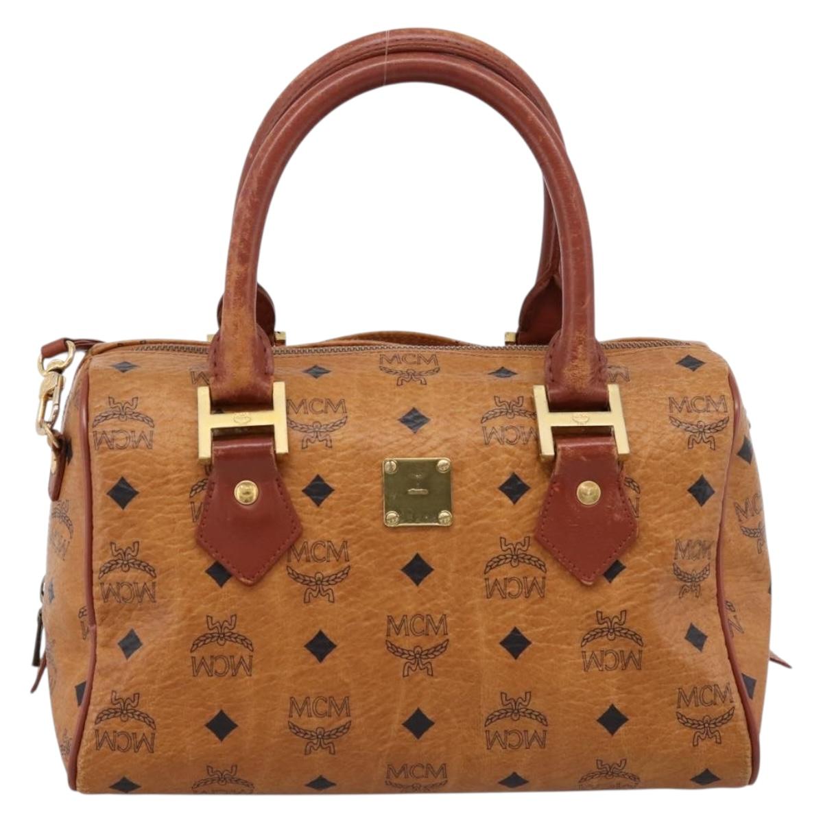 MCM Logogram Vicetos Boston Bag PVC Leather 2way Brown Gold Auth 203004