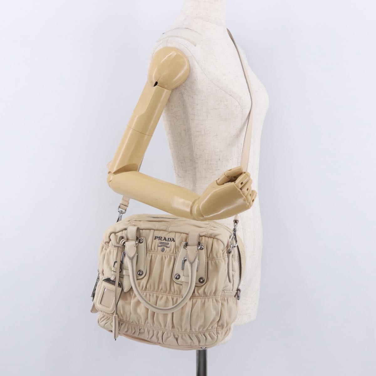 PRADA Gathered Hand Bag Leather 2way Ivory Silver Auth 203005V