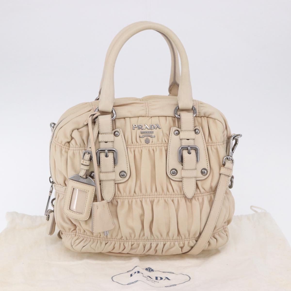 PRADA Gathered Hand Bag Leather 2way Ivory Silver Auth 203005V
