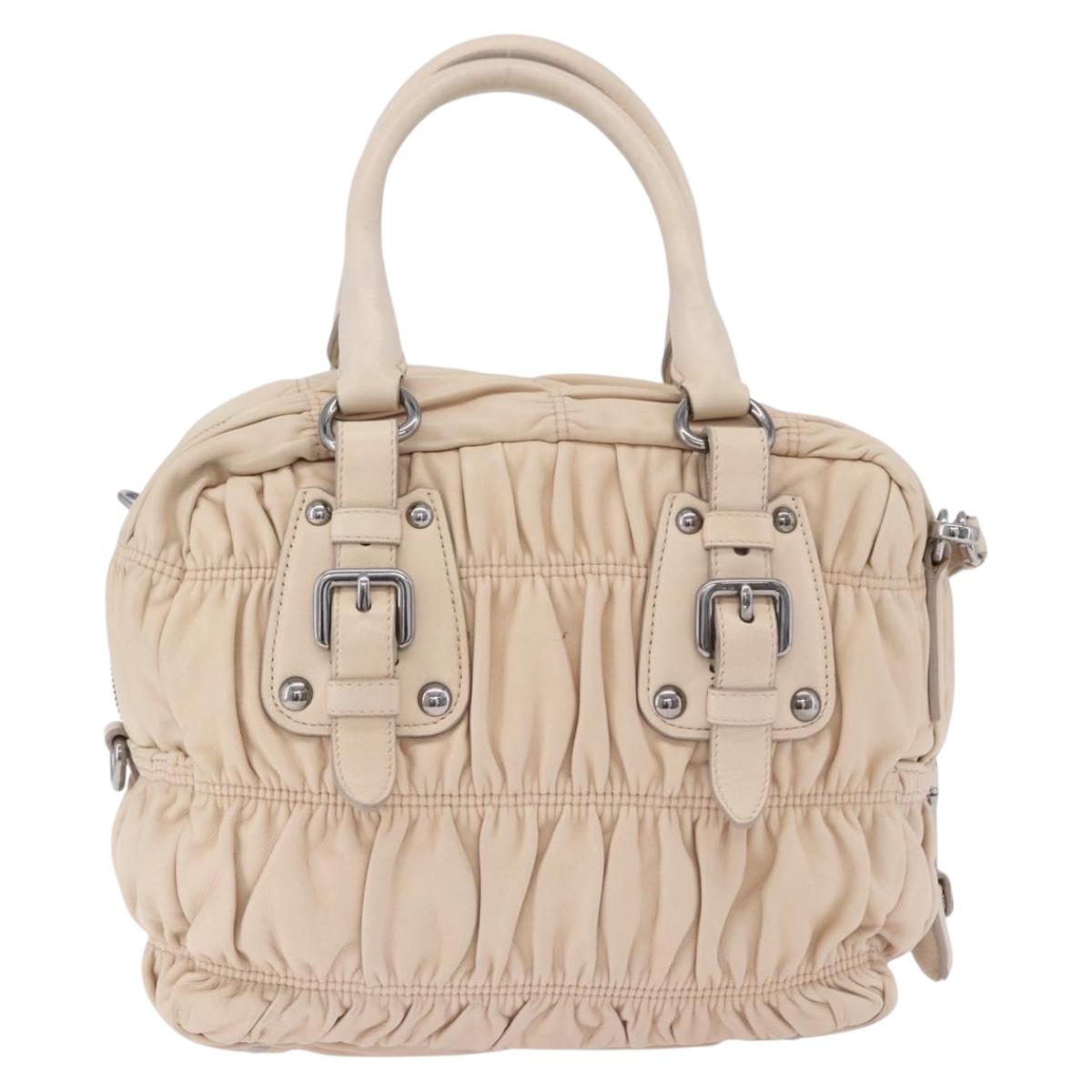 PRADA Gathered Hand Bag Leather 2way Ivory Silver Auth 203005V