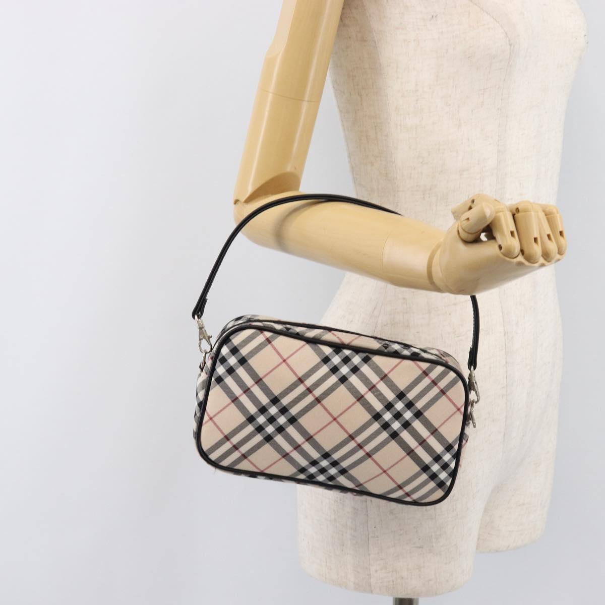 BURBERRY Nova Check Blue Label Accessory Pouch Canvas Beige Silver Auth 203006A