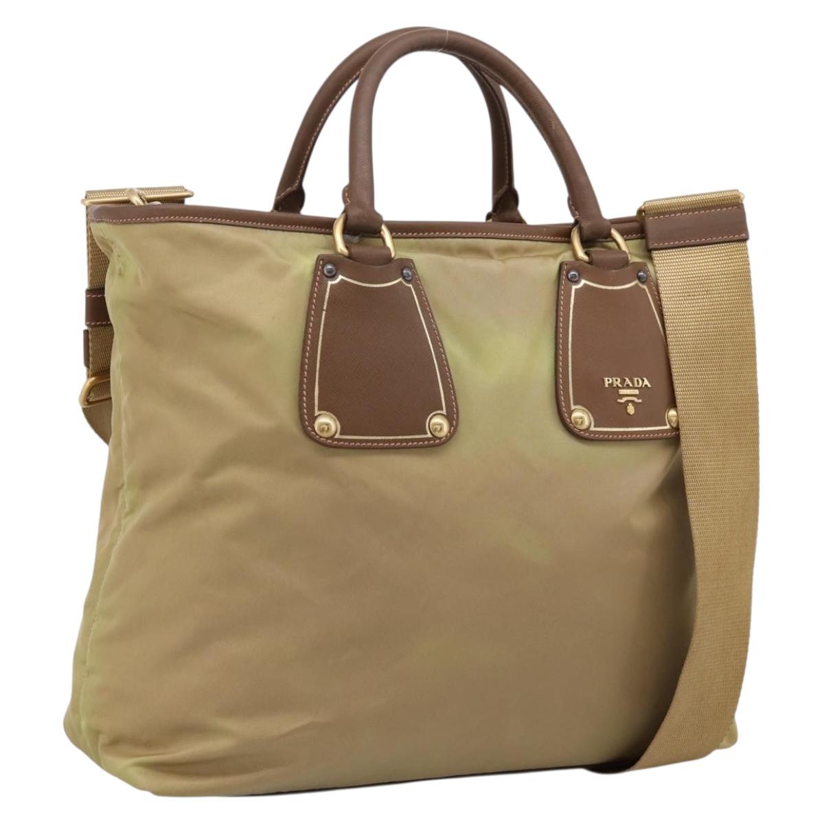 PRADA Hand Bag Nylon Leather 2way Beige Gold Auth 203008