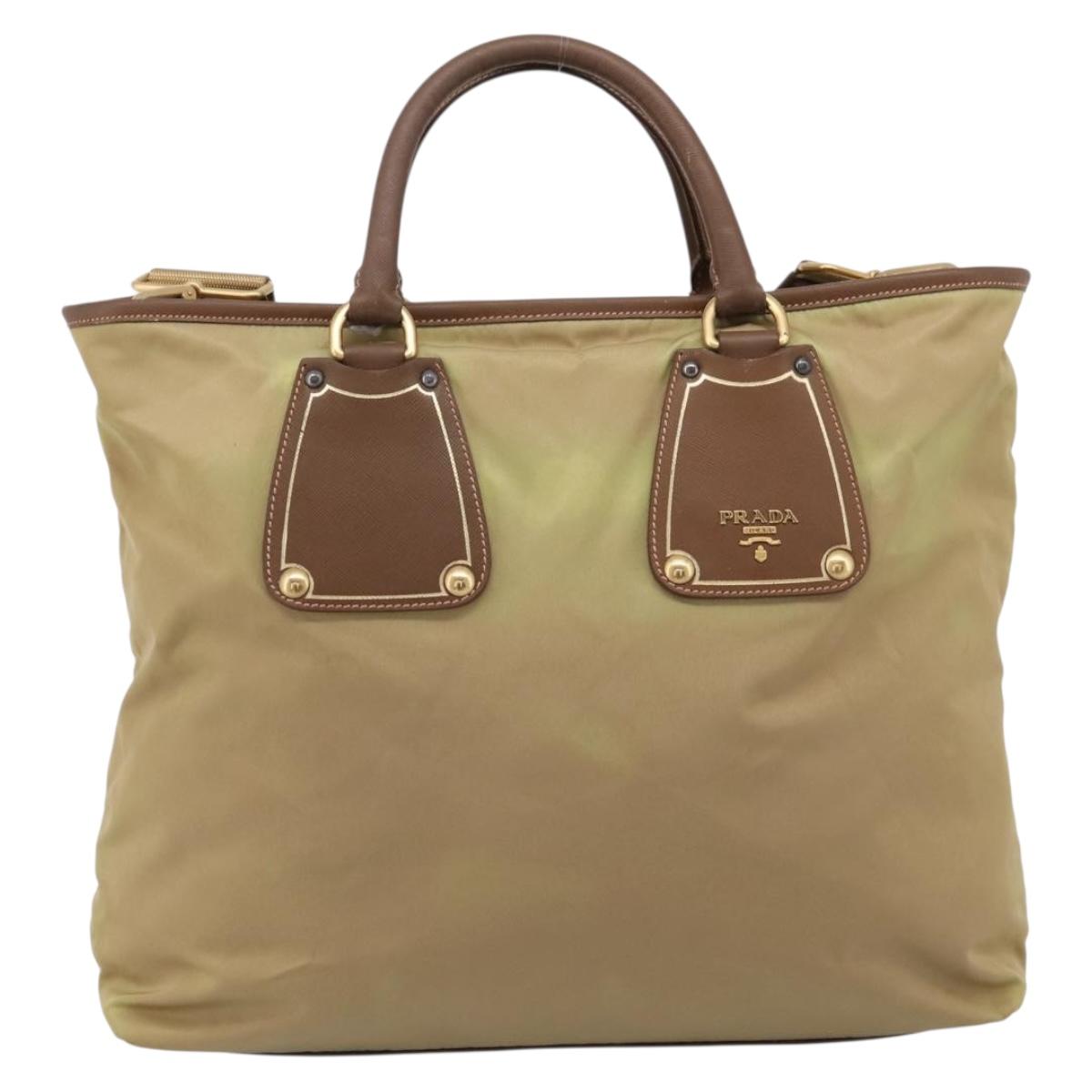 PRADA Hand Bag Nylon Leather 2way Beige Gold Auth 203008