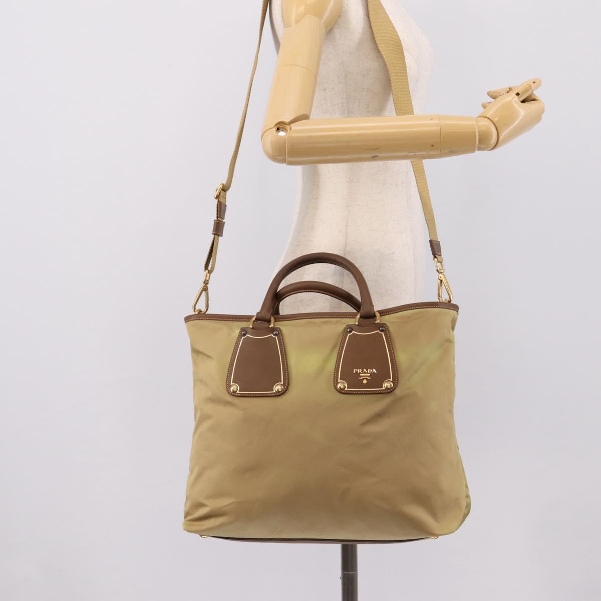 PRADA Hand Bag Nylon Leather 2way Beige Gold Auth 203008