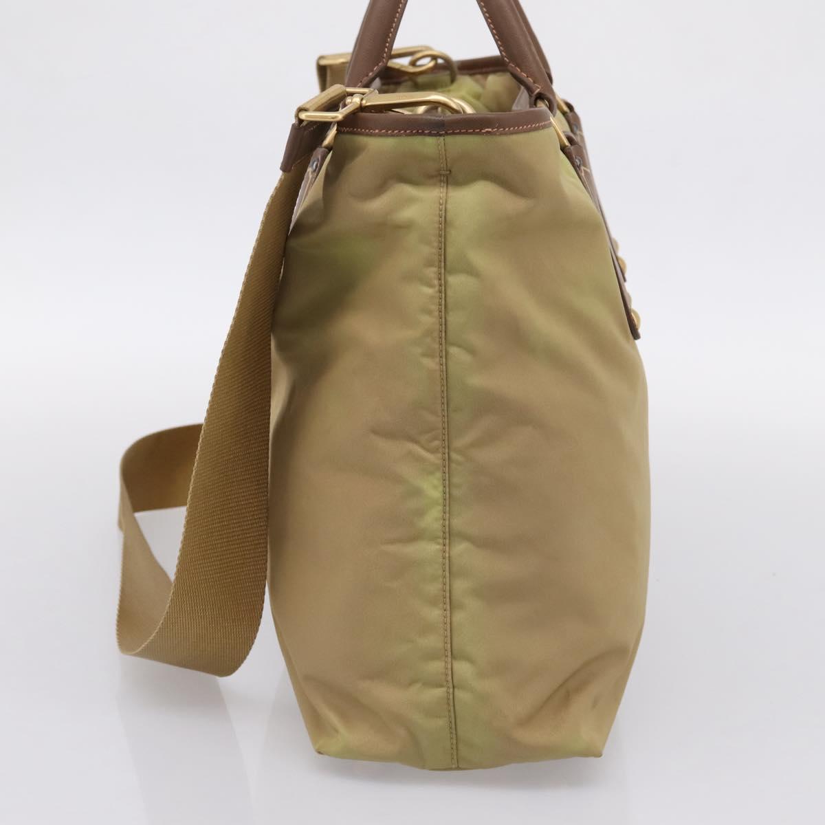 PRADA Hand Bag Nylon Leather 2way Beige Gold Auth 203008