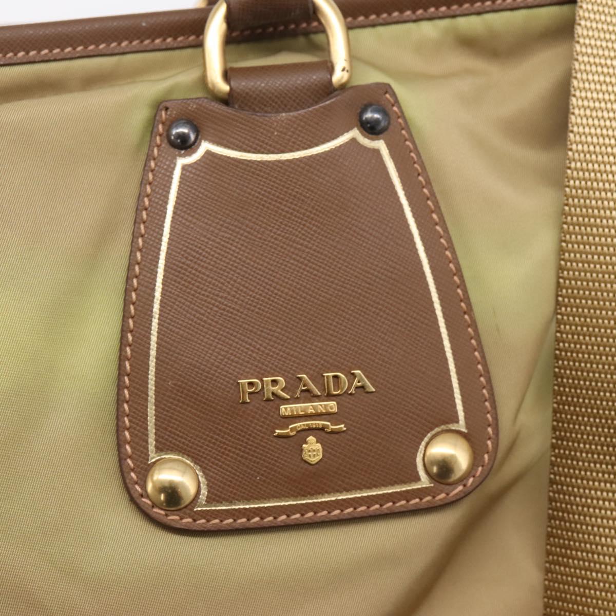 PRADA Hand Bag Nylon Leather 2way Beige Gold Auth 203008