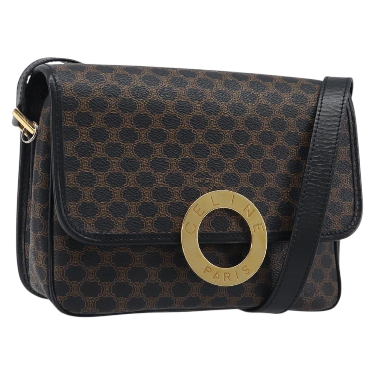 CELINE Macadam Canvas Circle Hand Bag PVC Leather Black Gold Auth 203016