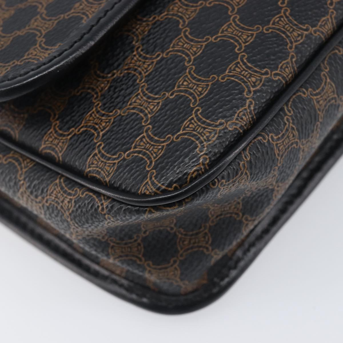 CELINE Macadam Canvas Circle Hand Bag PVC Leather Black Gold Auth 203016